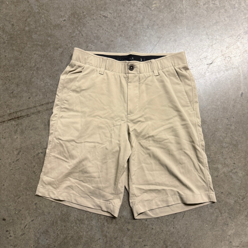 Under Armour HeatGear Mens 30 Tan Khaki Golf Performance Shorts Flat Front Logo